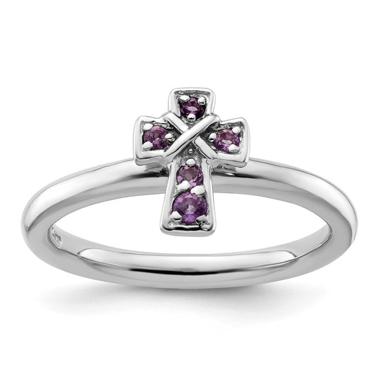 Sterling Silver Stackable Expressions Rhodium Amethyst Cross Ring Size -8