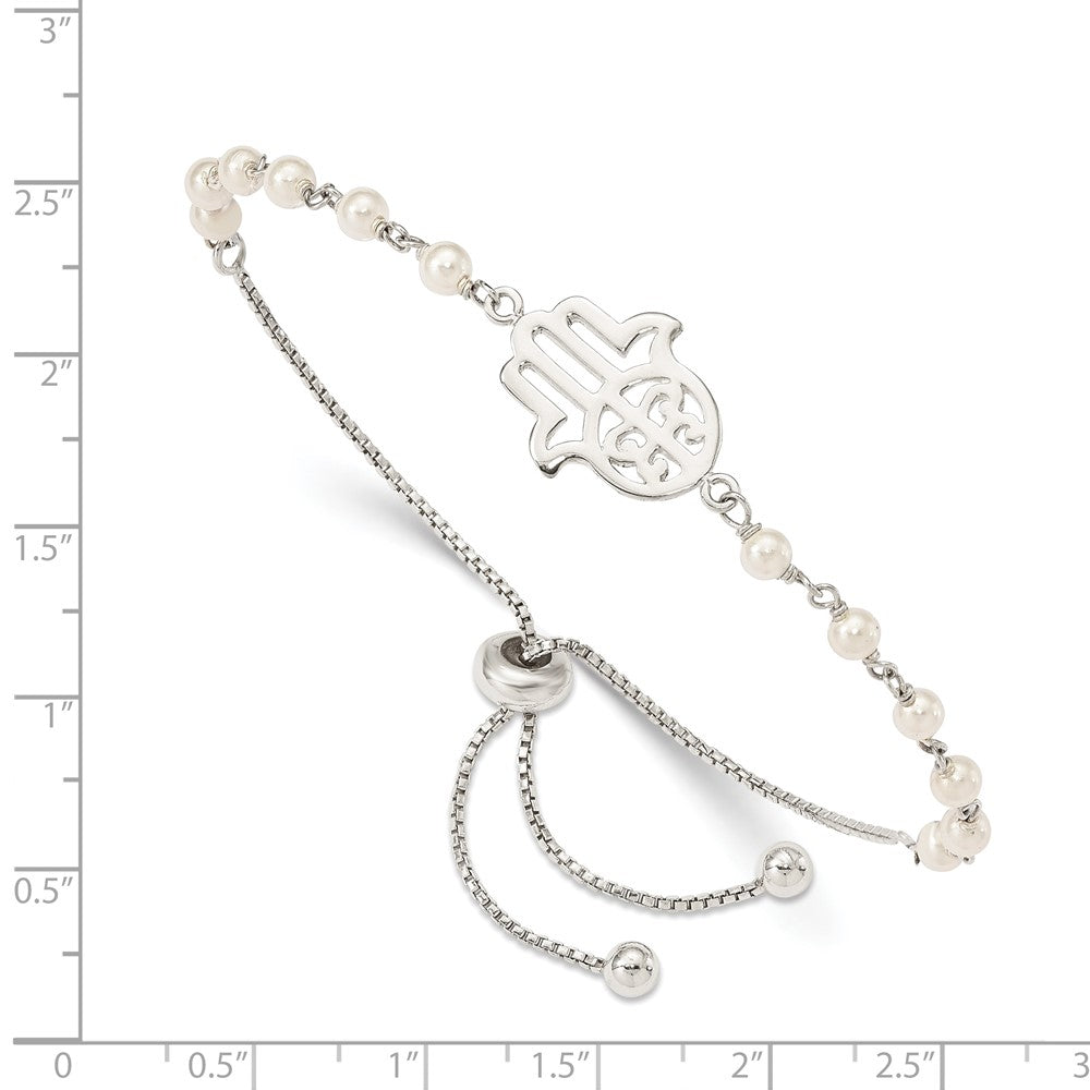 Sterling Silver Hamsa w/ Simulated Pearl Adjustable Bracelet 9 inches