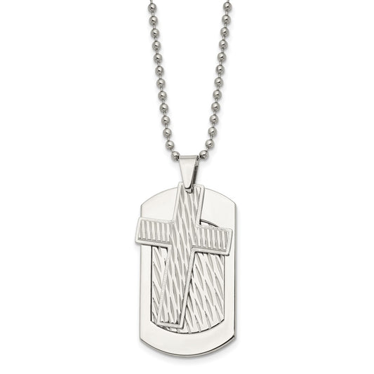 Stainless Steel Polished and Textured 2 Piece Cross Dog Tag 24in Necklace