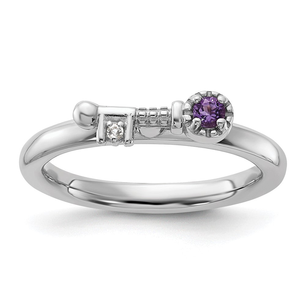 Sterling Silver Stackable Expressions Rhodium-plated Amethyst and White Topaz Key Ring Size -8