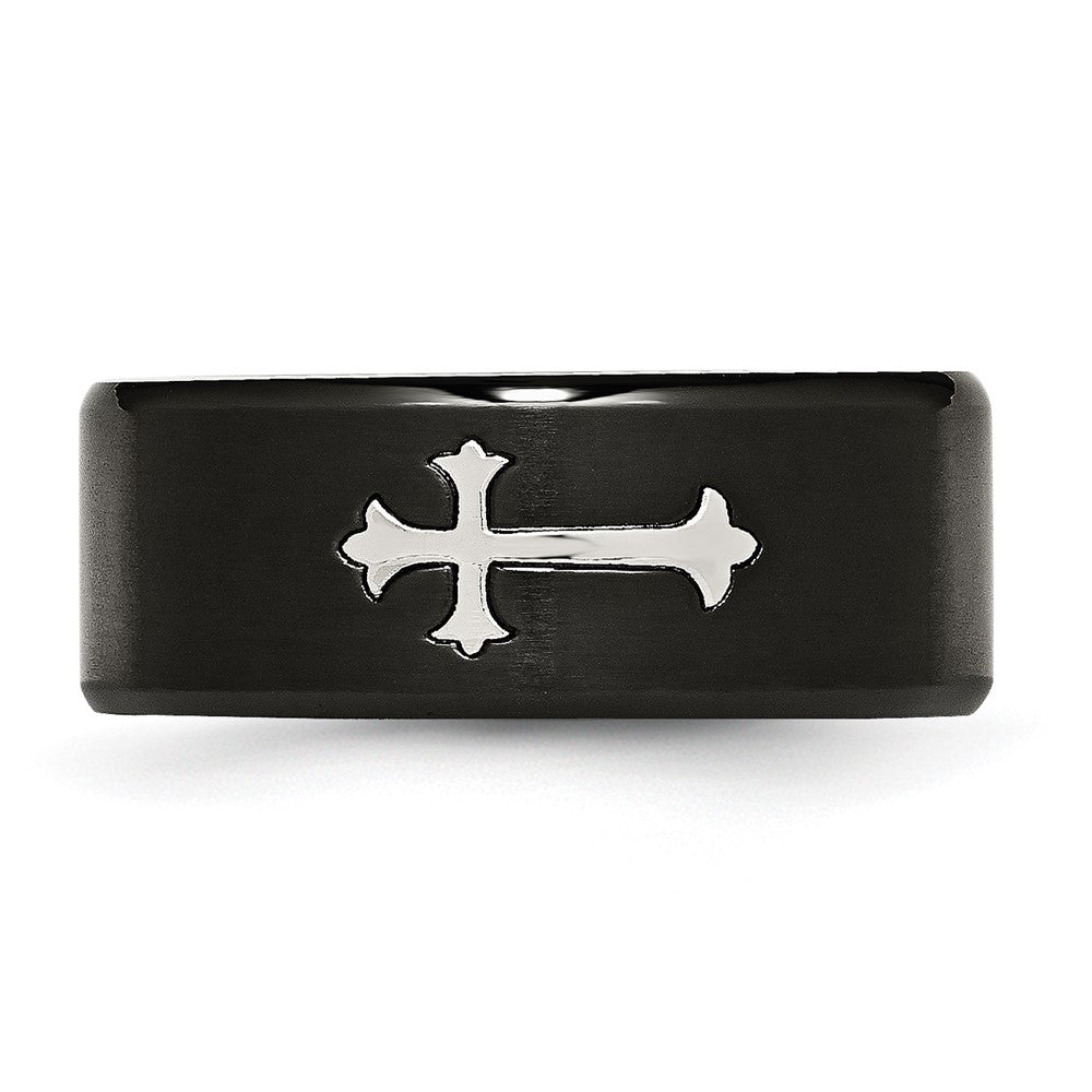 Stainless Steel Brushed Black IP-plated with Cross 9mm Band Size - 10