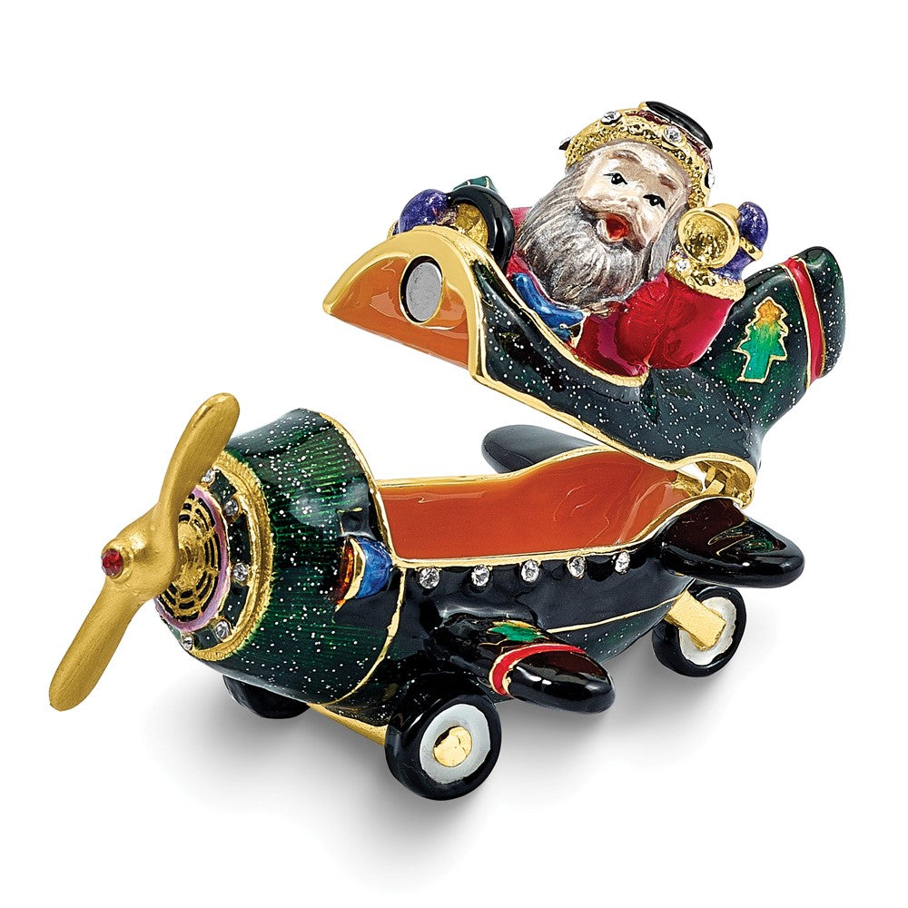 Luxury Giftware by Jere Bejeweled GIFT GLIDER Santa in Plane Trinket Box with Matching 18 inch Necklace
