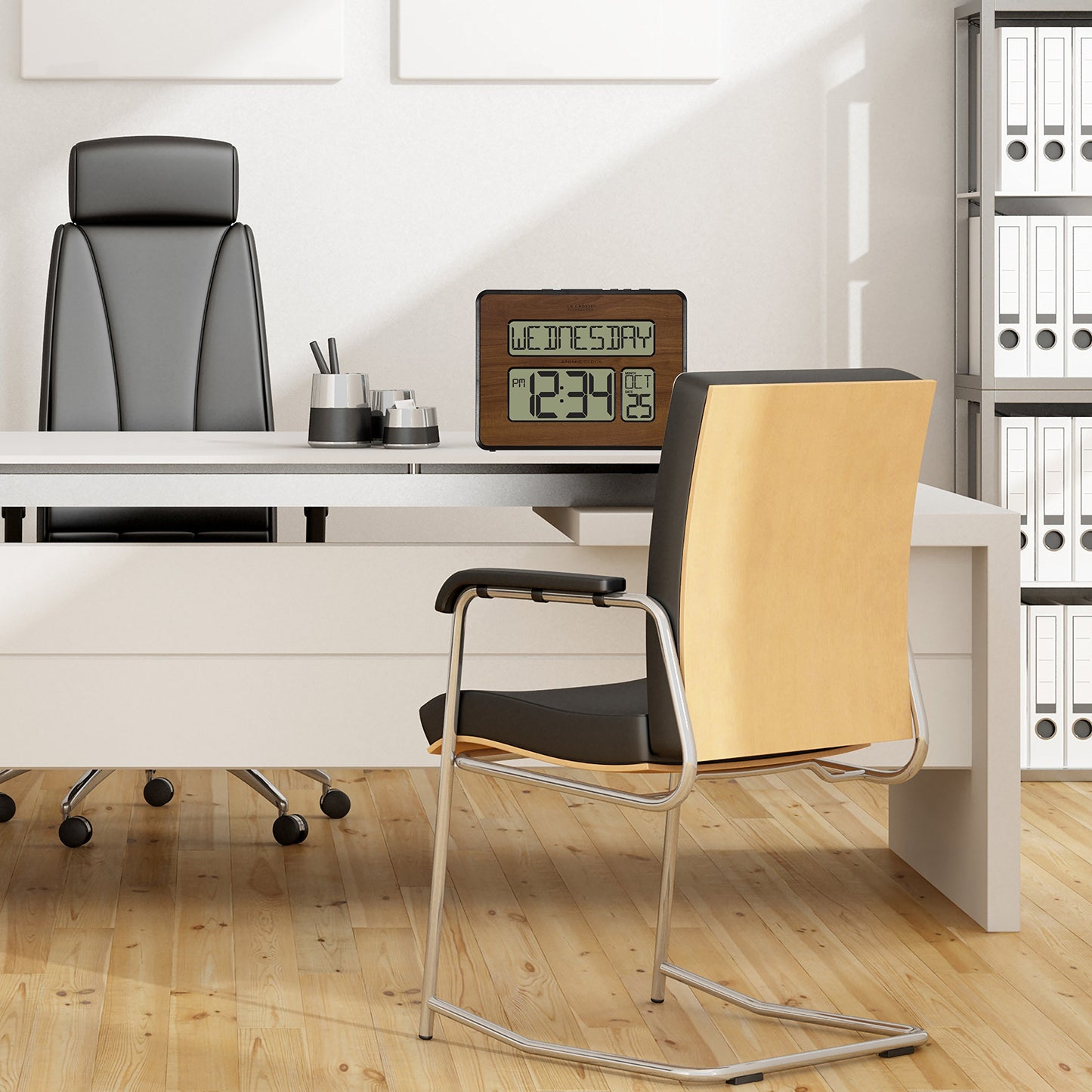 La Crosse 513-1419BL-WA Backlight Atomic Calendar Digital Clock with Large Digits, Walnut
