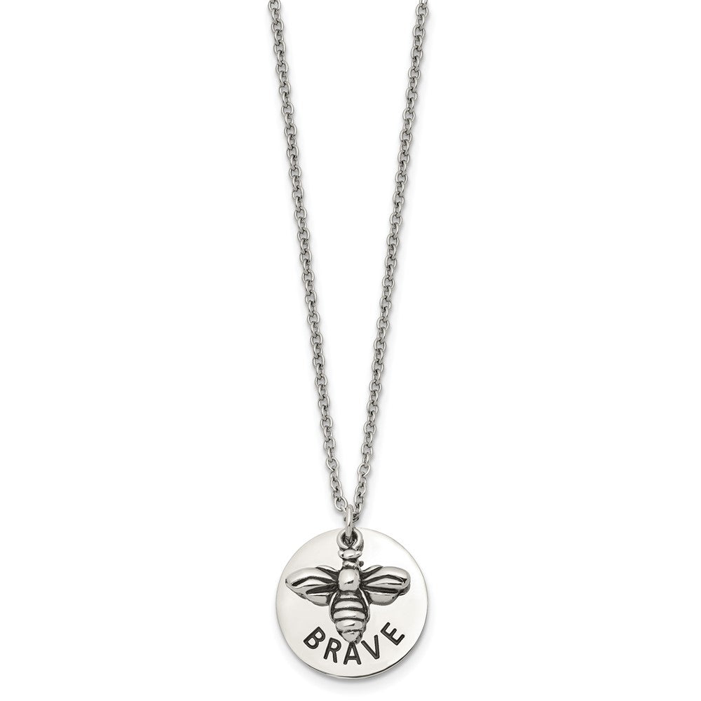 Stainless Steel Polished and Enameled Bumble Bee BRAVE 22in Necklace