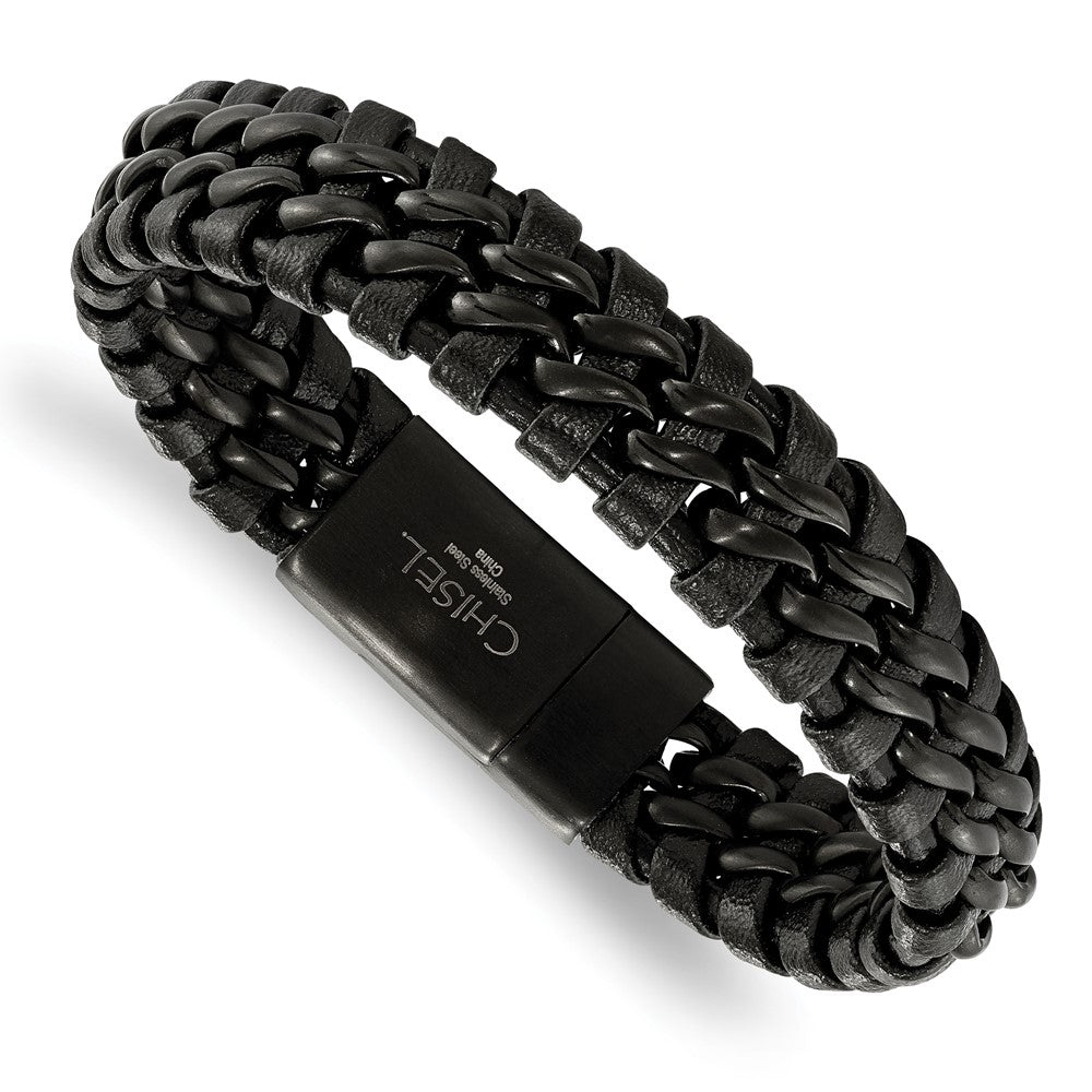 Stainless Steel Brushed Black IP-plated Black Leather 8.5in Bracelet 8.5 inches