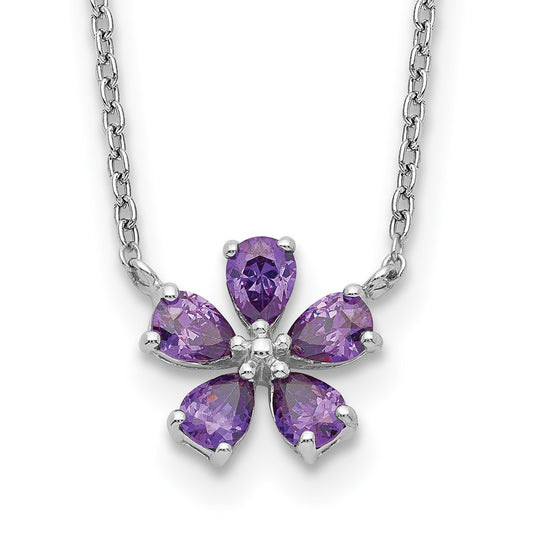 Sterling Silver Purple CZ Flower Necklace 18 Inches