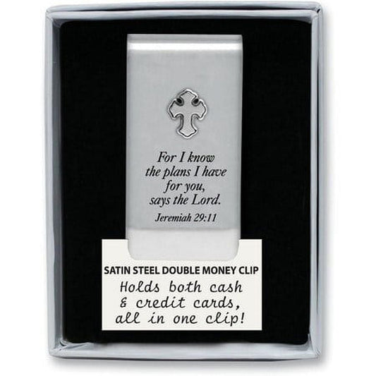 Satin Steel FOR I KNOW THE PLANS I HAVE FOR YOU. Double Money Clip with Cross Q-GM10904