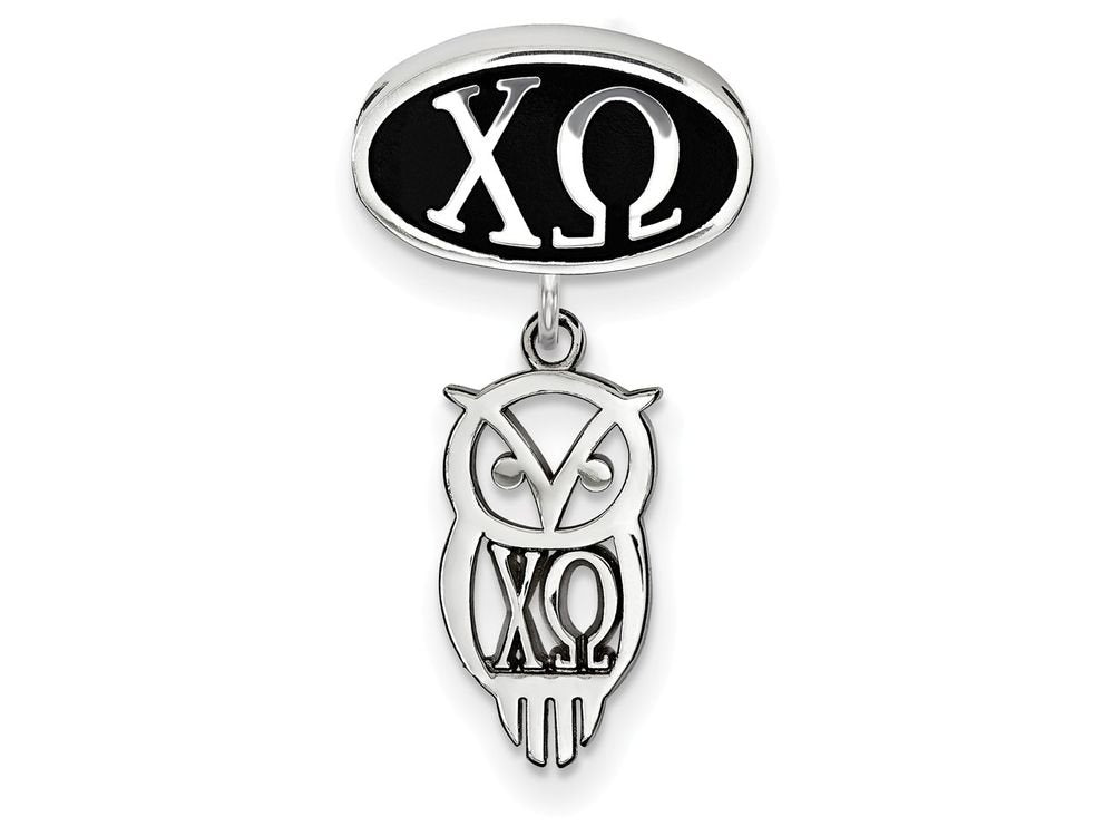 Sterling Silver LogoArt Chi Omega Sorority Greek Letters Enameled Oval with Owl Dangle Bead