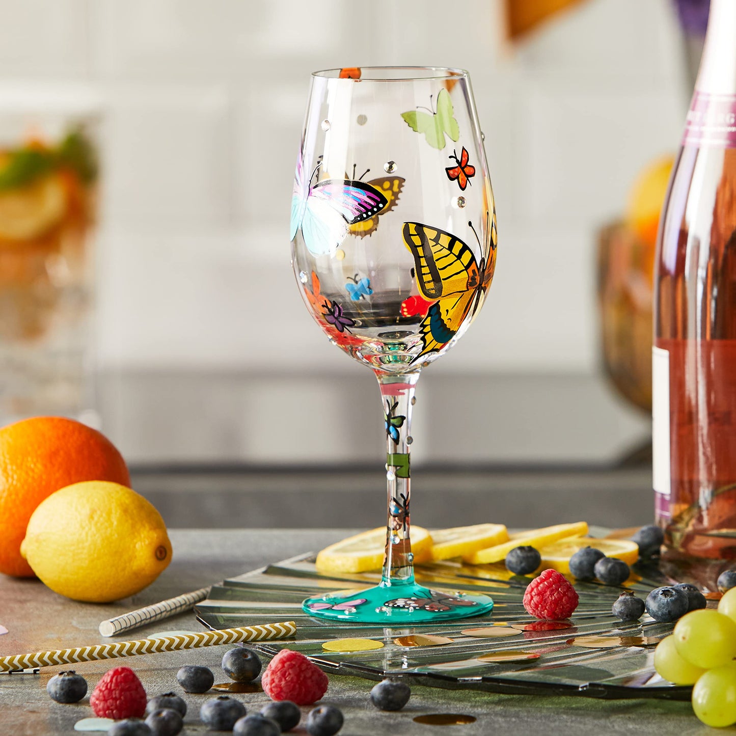 Enesco Designs by Lolita 15 oz Butterflies Hand Painted Wine Glass 8.8in