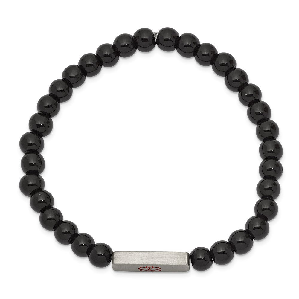 Stainless Steel Brushed Enamel Medical ID Plate Onyx Bead Stretch Bracelet