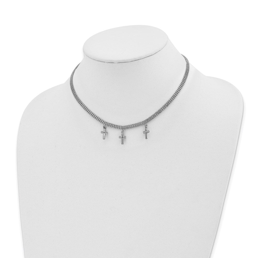 Sterling Silver Rhodium-plated 3-Cross w/4in. Ext. Choker Necklace