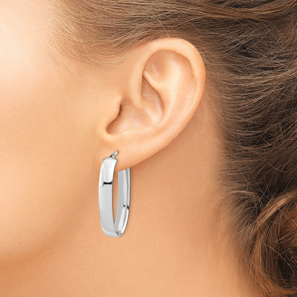 14K with White Rhodium Plating Polished Oval Hoop Earrings