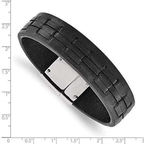 Stainless Steel Polished Black Leather 8in Bracelet 8 inches