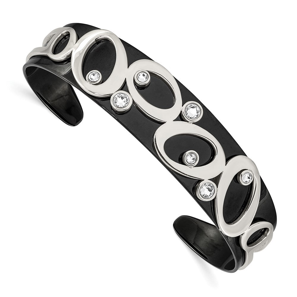 Stainless Steel 15mm Polished Black IP w/Swarovski Crystal Cuff Bracelet 6.5 inches