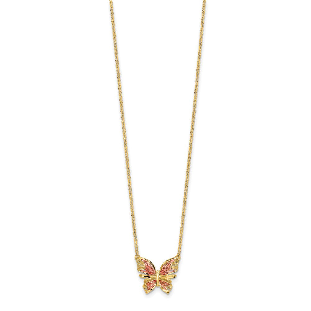 14K Polished D/C w/ Pink Enamel Butterfly Necklace