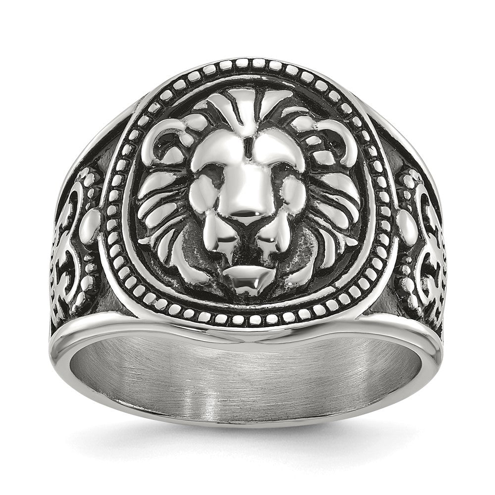 Chisel Stainless Steel Antiqued and Polished Lion Ring Size - 10