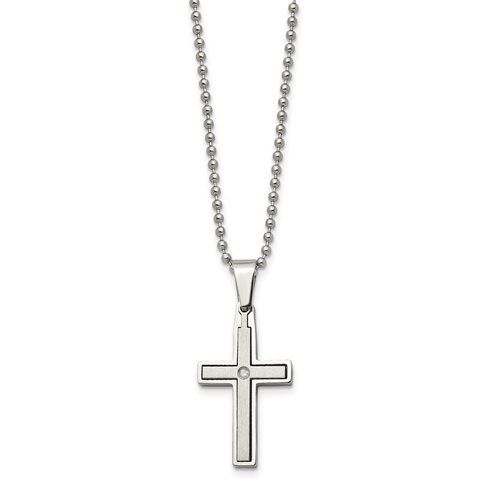 Stainless Steel Brushed & Polished w/.03ct Diamond Cross 22 inch Necklace