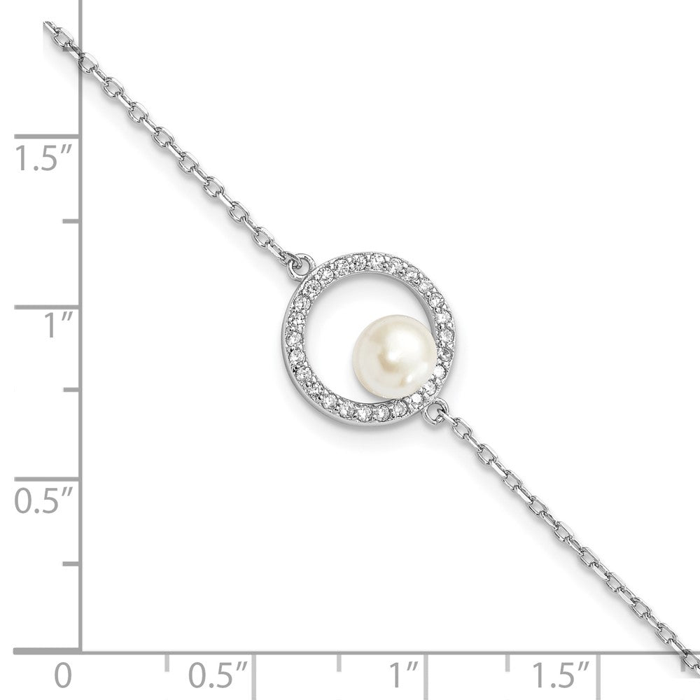 Sterling Silver Rhodium-plated 6-7mm White Button Freshwater Cultured Pearl and CZ 6.5 inch  with 1.25 inch Extension Bracelet 7.75 inches