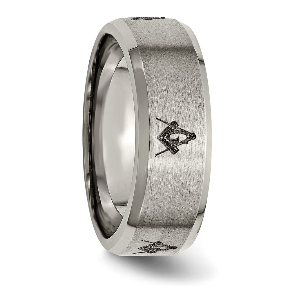 Chisel Titanium Brushed and Polished Masonic Laser Design 8mm Beveled Edge Band TB115M