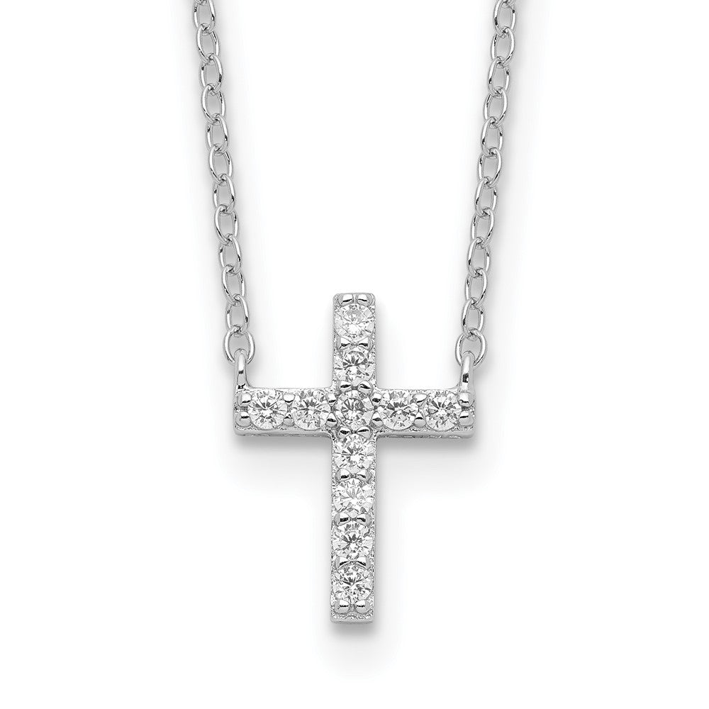 Sterling Silver Rhodium-plated CZ Cross w/2in ext. Necklace 16 Inches