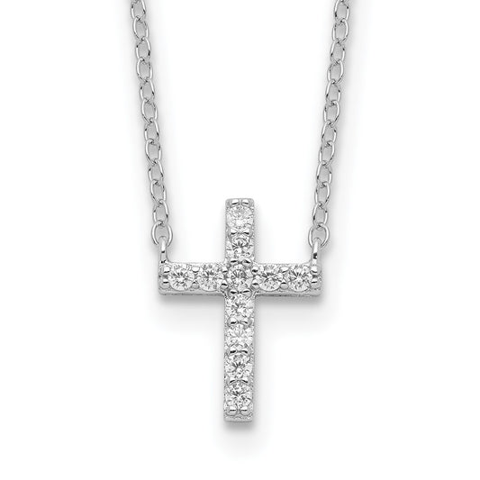 Sterling Silver Rhodium-plated CZ Cross w/2in ext. Necklace 16 Inches