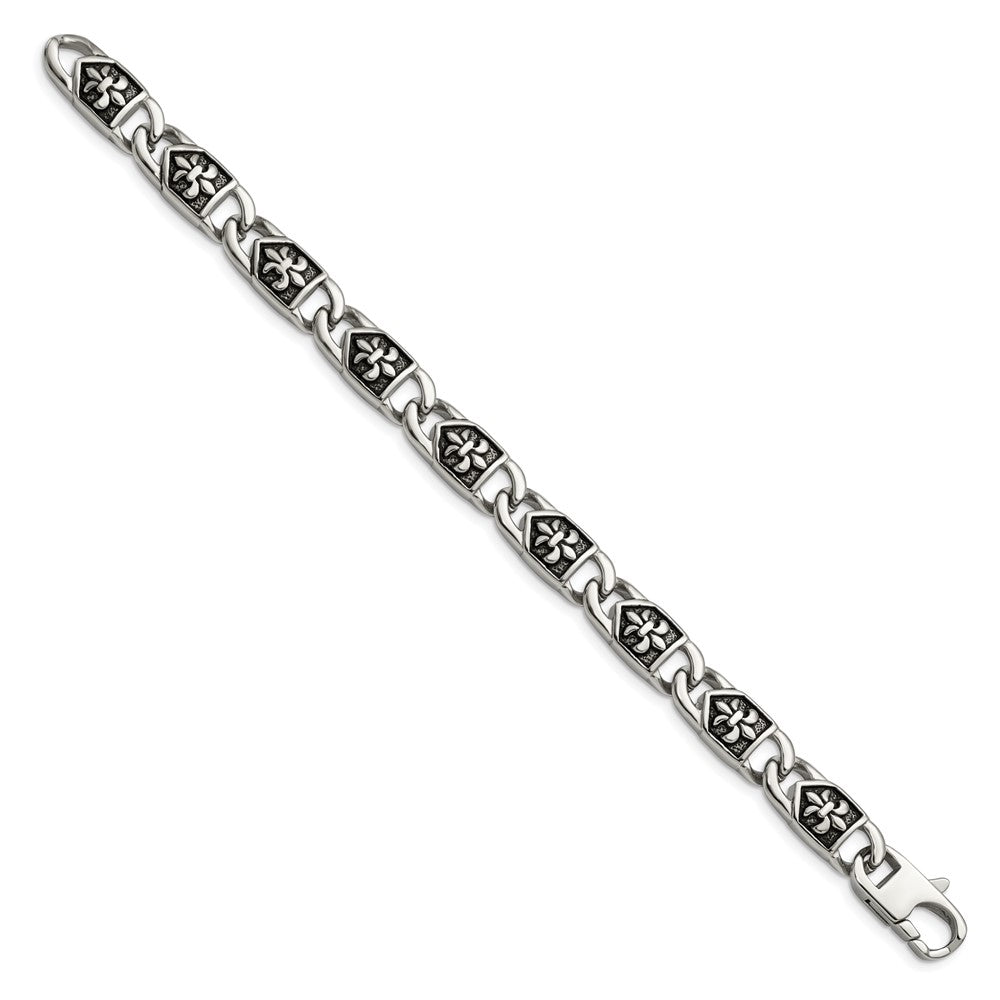 Stainless Steel Antiqued and Polished Fleur de Lis 8.75in Bracelet 8.75 inches