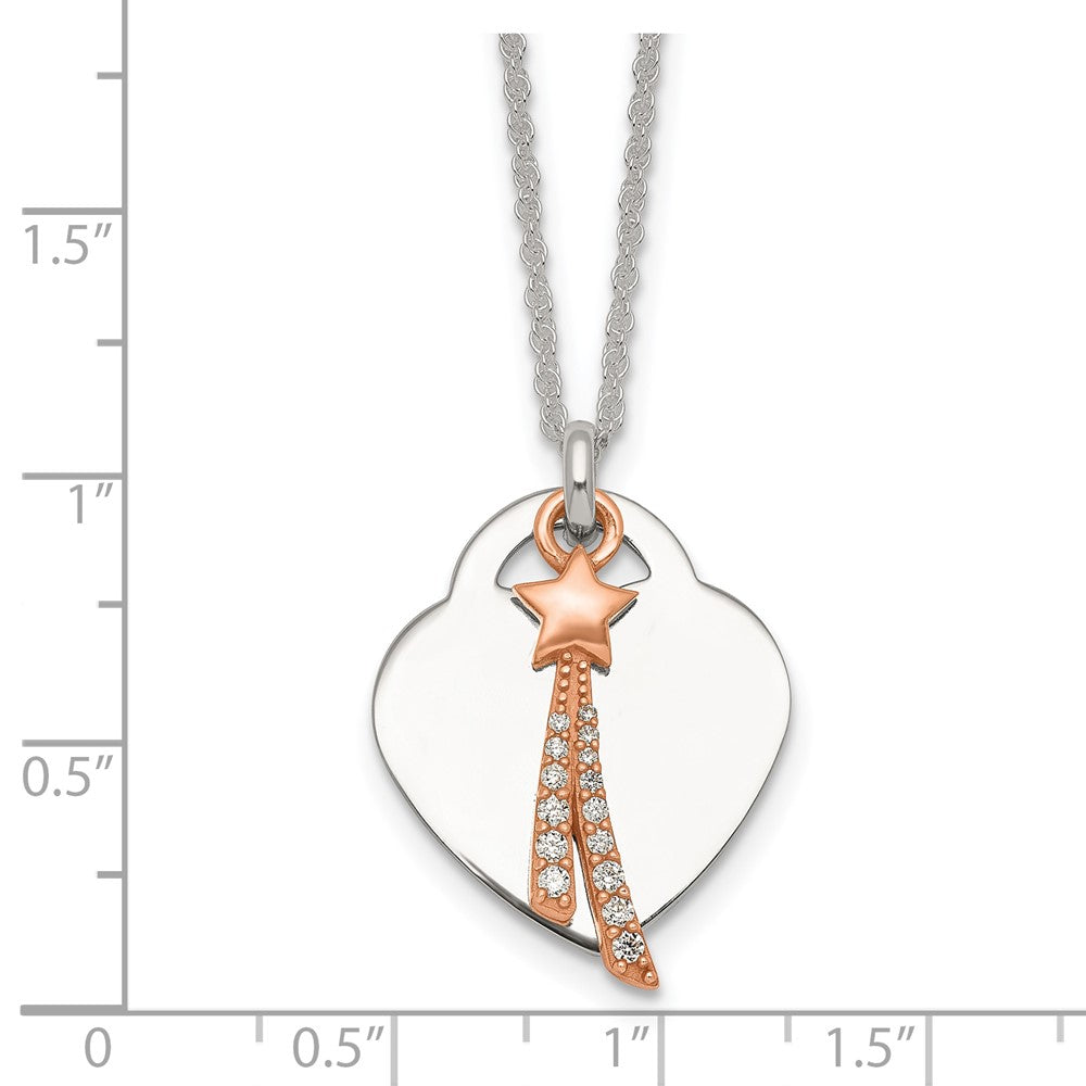 Sterling Silver Rose-tone Polished CZ Shooting Star and Heart Necklace 16 Inches
