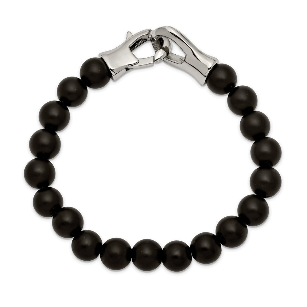 Stainless Steel Polished Black Agate Beaded 9in Bracelet 9 inches