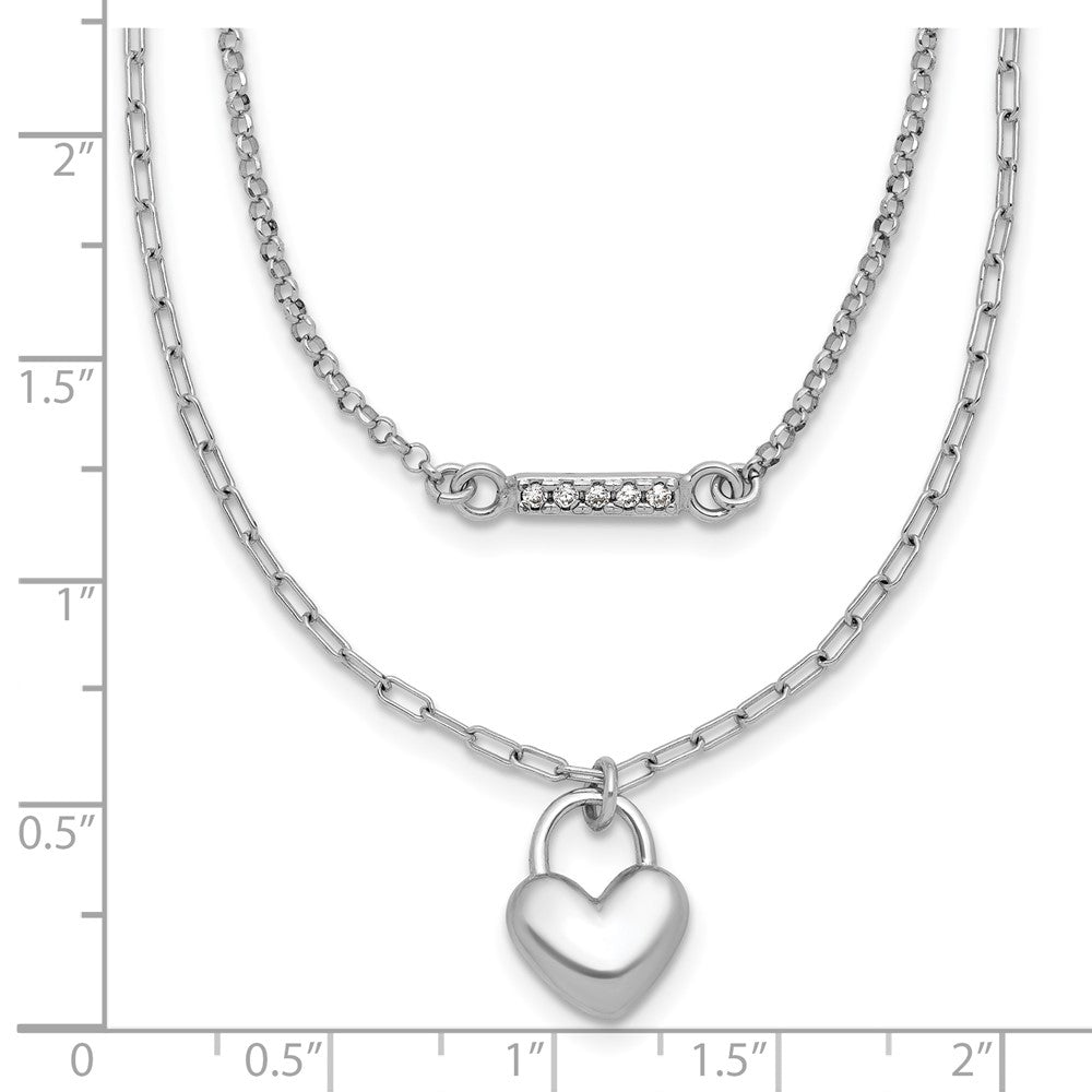 Sterling Silver Rhodium-plated CZ Puffed Heart 16 inch with 2 inch extender 2-strand Necklace 16 Inches
