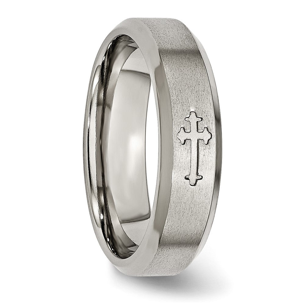Titanium Brushed Center Cross Design 6mm Beveled Edge Band Size - 6.5