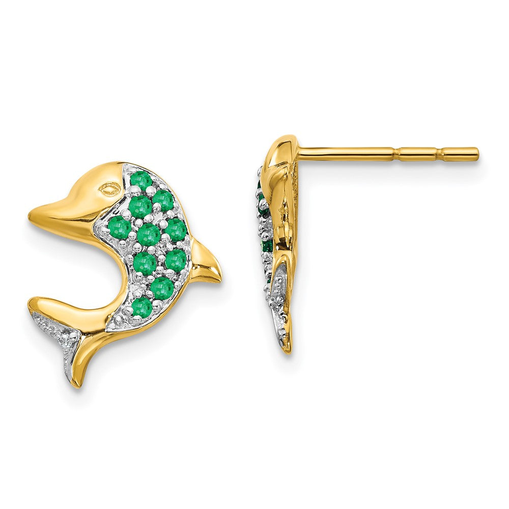 14k and Rhodium Emerald and Diamond Dolphin Post Earrings