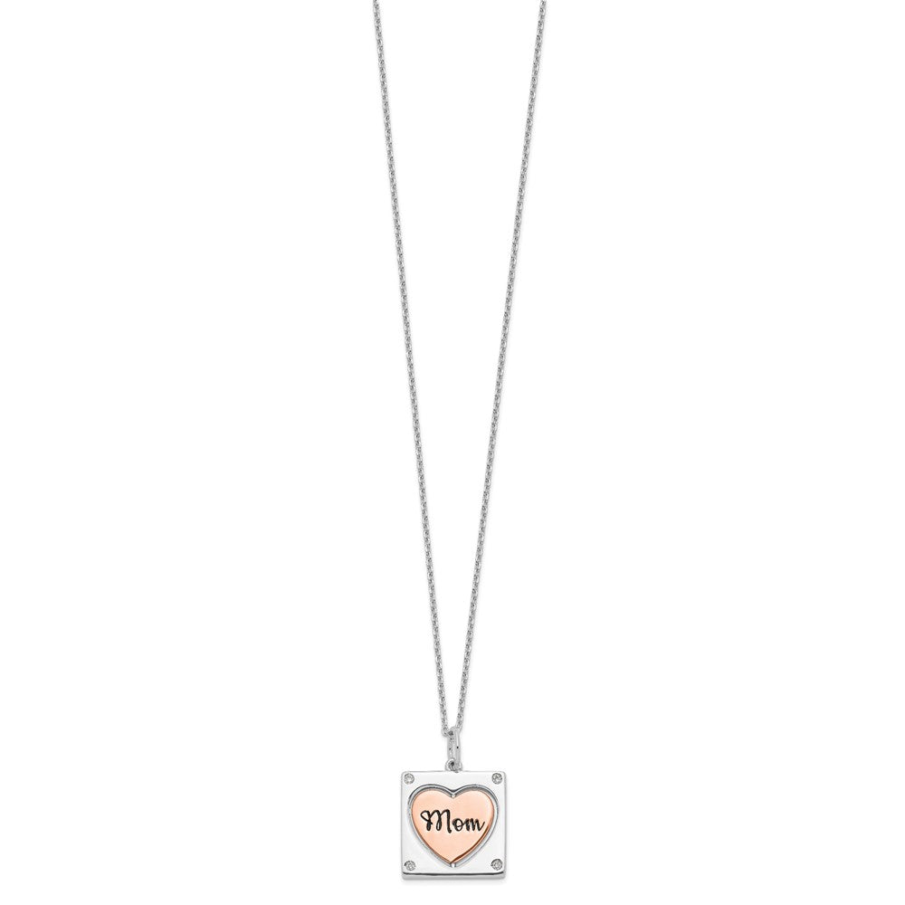 Sterling Silver RH-plated Rose-tone MOM/LOVE Heart Center Spins CZ w/2in ex 16 Inches