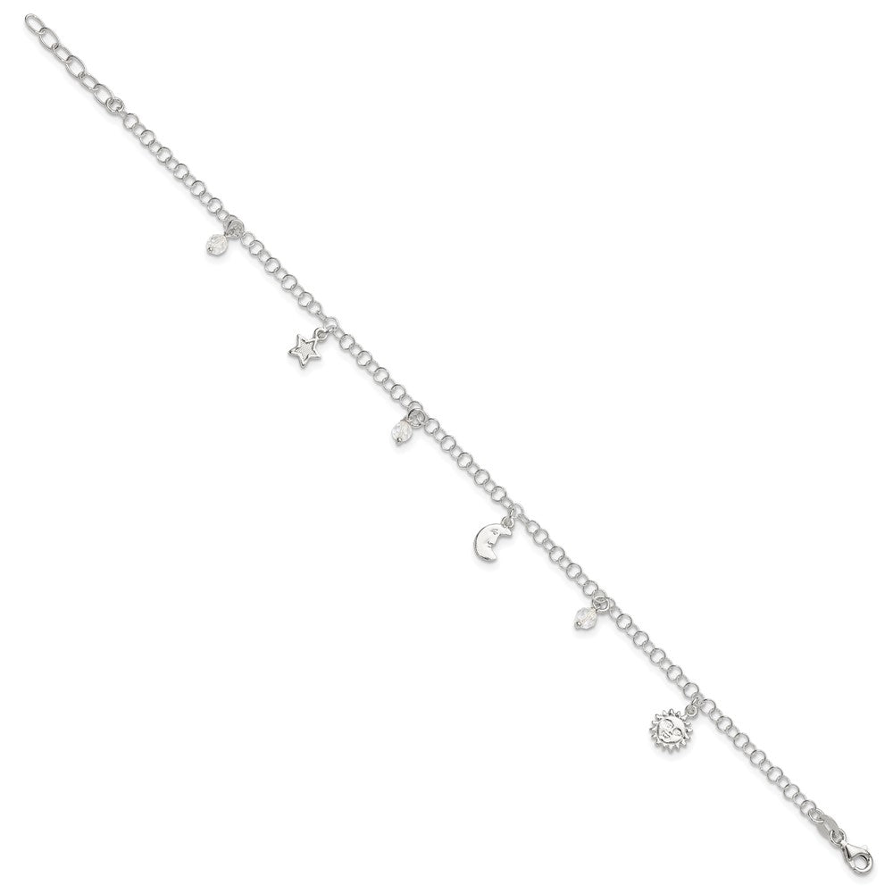 Sterling Silver Polished Sun Moon and Stars 9in Plus 1in Ext. Anklet 9 inches
