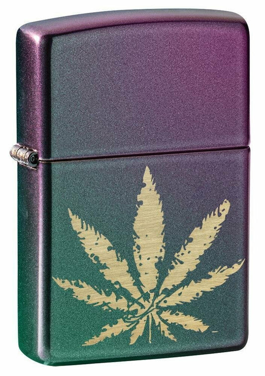 Zippo Brass Marijuana Leaf on Iridescent Violet Satin, Pocket Lighter