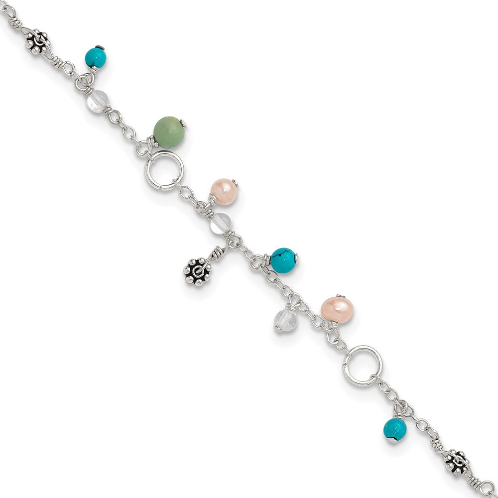 Sterling Silver Turquoise/Clear Bead/FW Cultured Pearl Anklet 9 inches