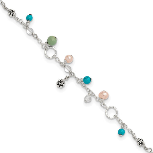 Sterling Silver Turquoise/Clear Bead/FW Cultured Pearl Anklet 9 inches