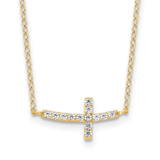 Sterling Silver Yellow Gold-plated CZ Sideways Cross w/2in Ext Necklace