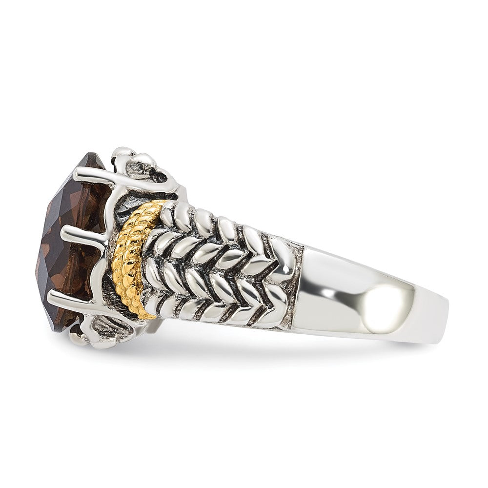 Sterling Silver w/14k Accent Antiqued Oval Smoky Quartz Ring
