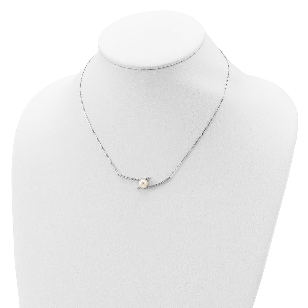 Sterling Silver Rhodium-plated 7-8mm White Button Freshwater Cultured Pearl and CZ 17 inch Necklace 17 Inches
