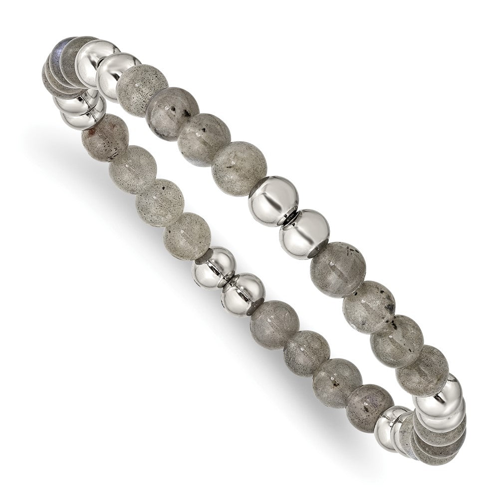 Stainless Steel Polished Grey Quartz Beaded Stretch Bracelet 7.25 inches