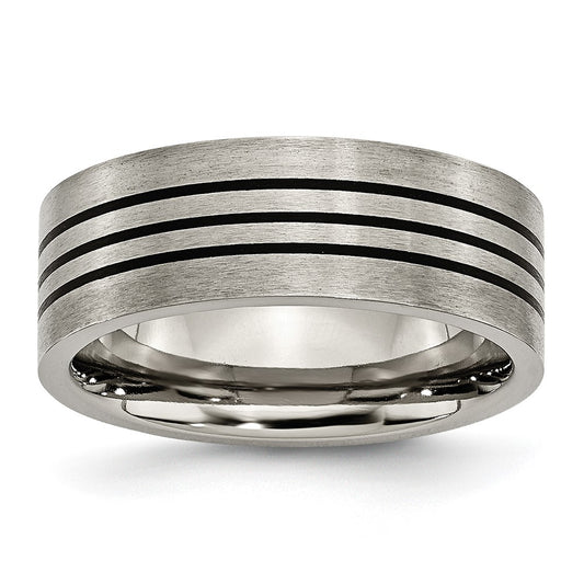 Titanium Satin and Polished Black Enamel Striped 8mm Flat Band Size - 13