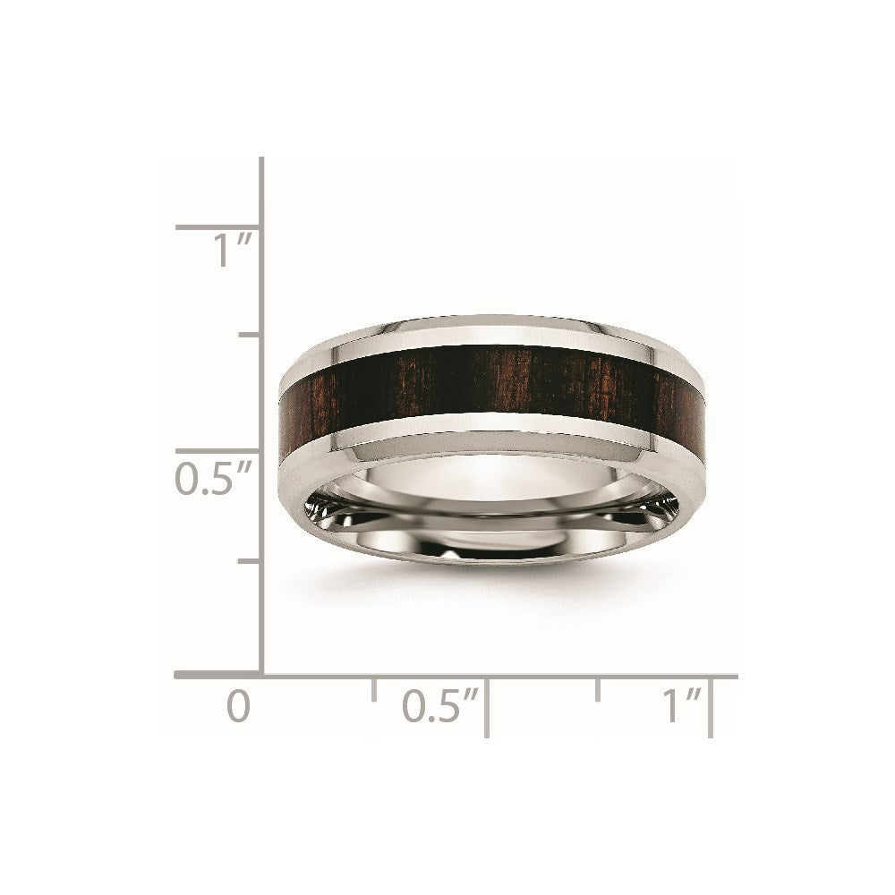 Stainless Steel Polished Black Koa Wood Inlay Enameled 8mm Band Size - 11.5