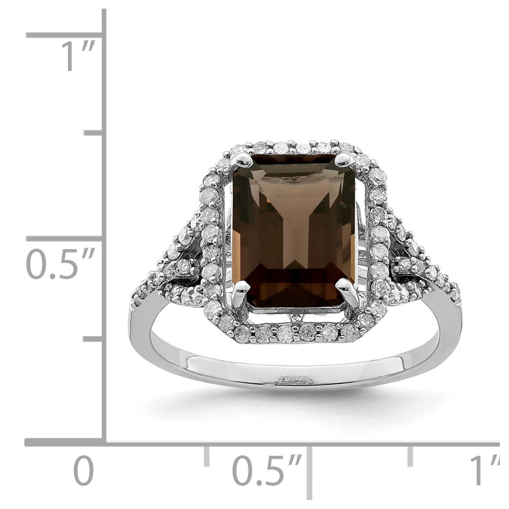 Sterling Silver Rhodium Octagonal Diam. & Smoky Quartz Ring
