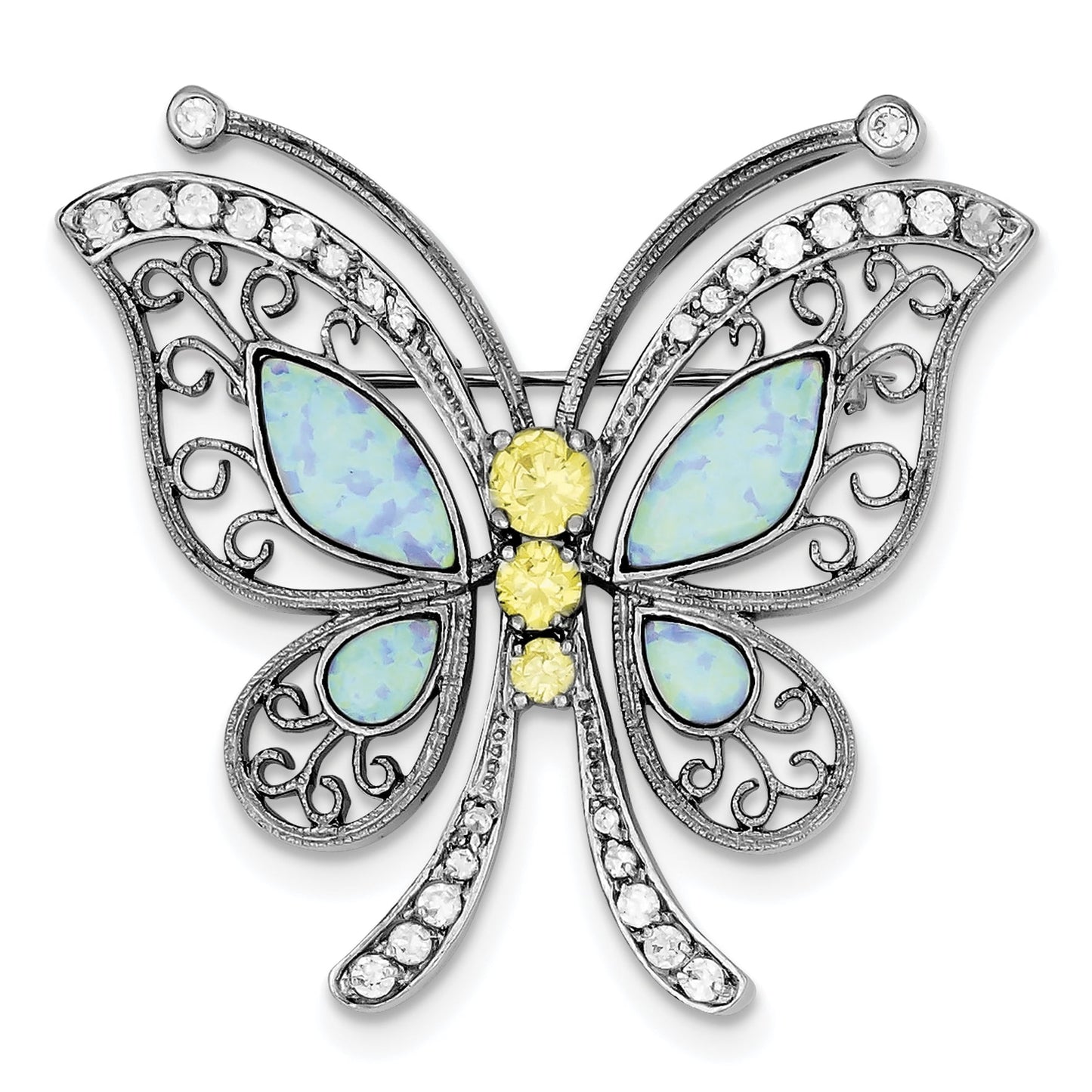 Sterling Silver Created Opal with Yellow and Clear CZ Butterfly Pin