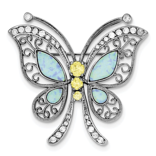 Sterling Silver Created Opal with Yellow and Clear CZ Butterfly Pin