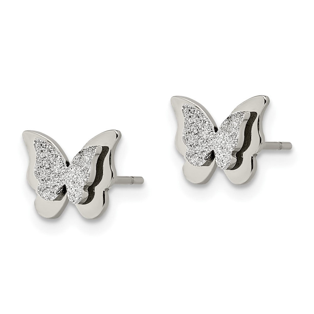 Stainless Steel Polished Glitter Butterfly Post Earrings