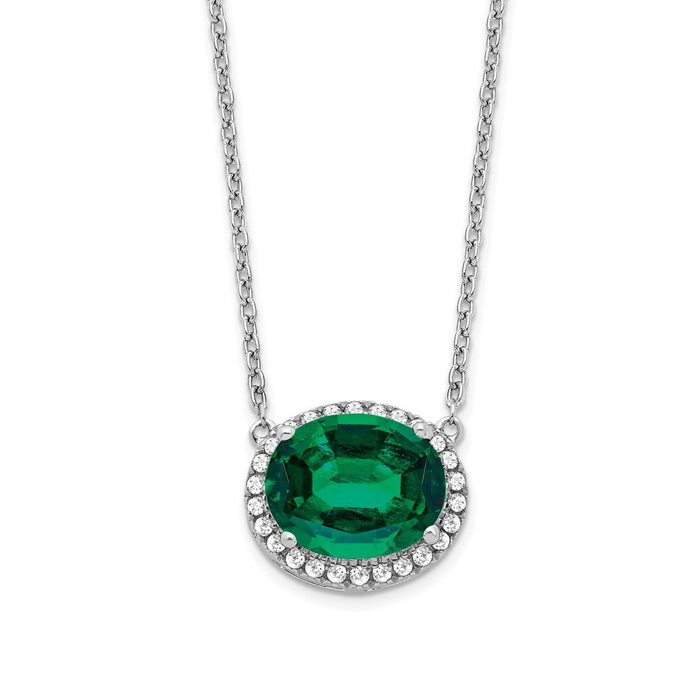 14k White Gold Oval Created Emerald/Diamond 18in. Halo Necklace