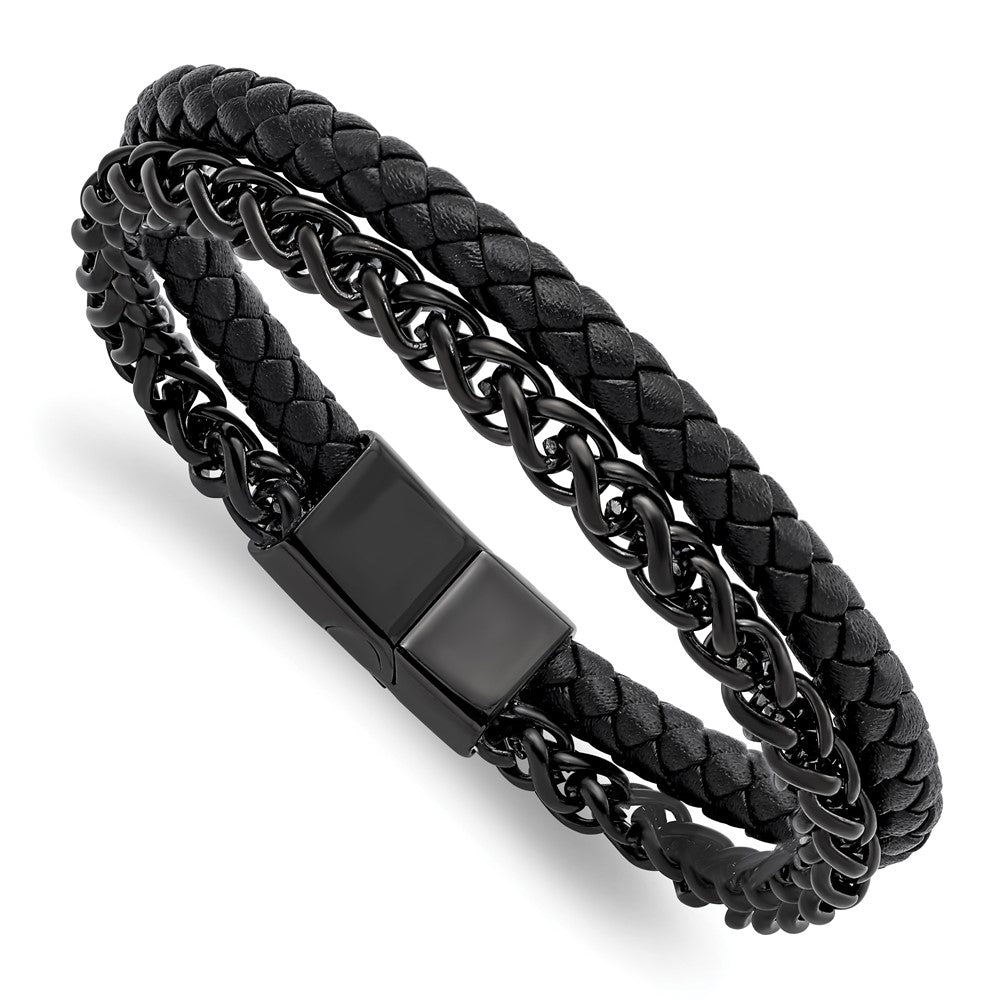 Stainless Steel Polished Black IP-plated Chain Black Leather 8.5in Bracelet 8.5 inches