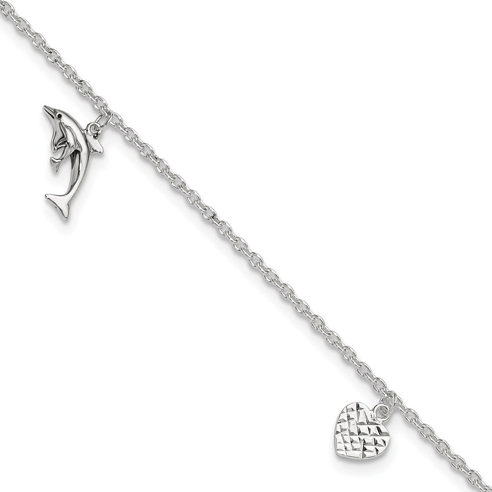 Sterling Silver Polished Heart, Star and Dolphin 9in Plus 1in Ext. Anklet 9 inches