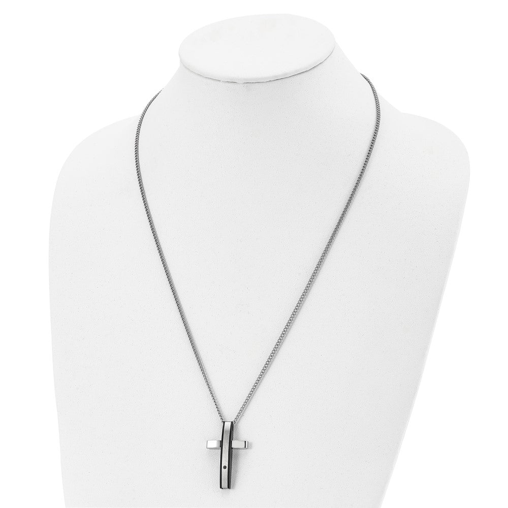 Stainless Steel Polished Black IP-plated .01ct Diamond Cross Necklace